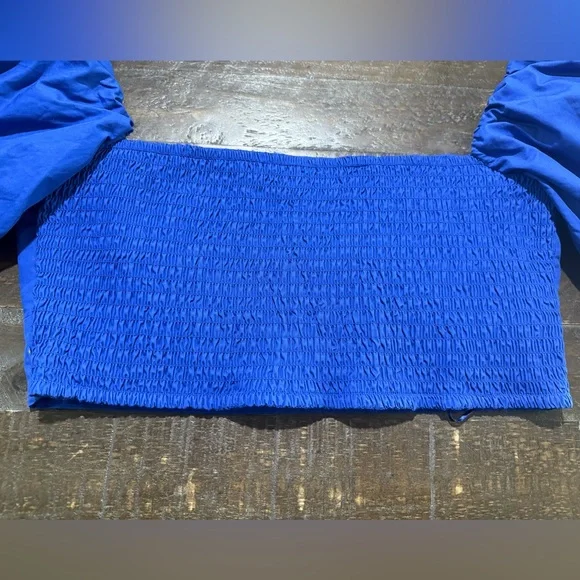 NWT Susana Monaco Blue Nocturnal Puff Sleeve Cotton Poplin Crop Top Sz M - Picture 8 of 11
